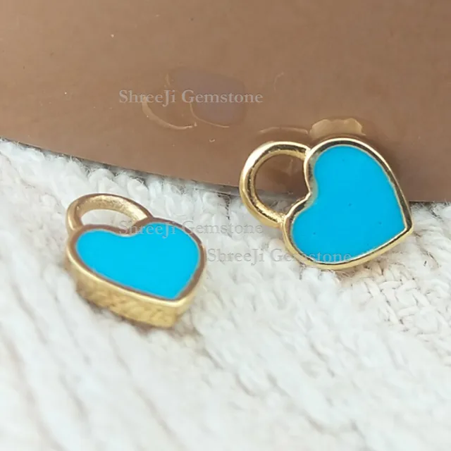 Turquoise Enamel Heart Huggie Charm, 14K Yellow Gold Charms Party Wear Jewelry