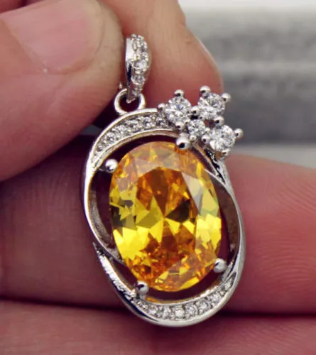 EPIC VAULT- Citrine Oval Topaz Zircon Swirl Pendant- 18K White Gold Filled- 14mm