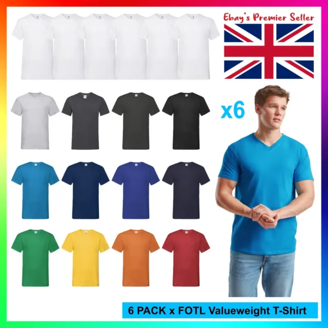 6 x Mens Plain V-NECK T-Shirt - Fruit of the Loom Valueweight Tee - Value Blank