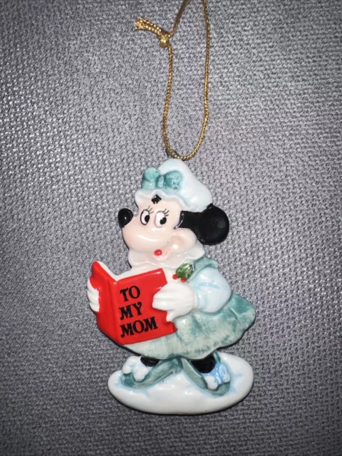 Minnie Mouse Reading To My Mom VTG Porcelain Christmas Ornament Japan
