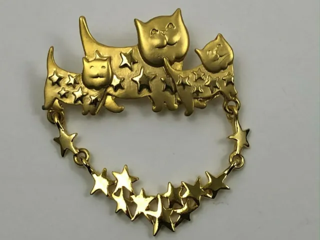 Vintage Cats Dangling Stars Pin Brooch AJC Signed Gold Tone E9