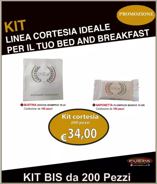 Set Cortesia Kit 200 Pezzi Saponetta+Bustina Doccia/Shampoo Per Hotel B&B.