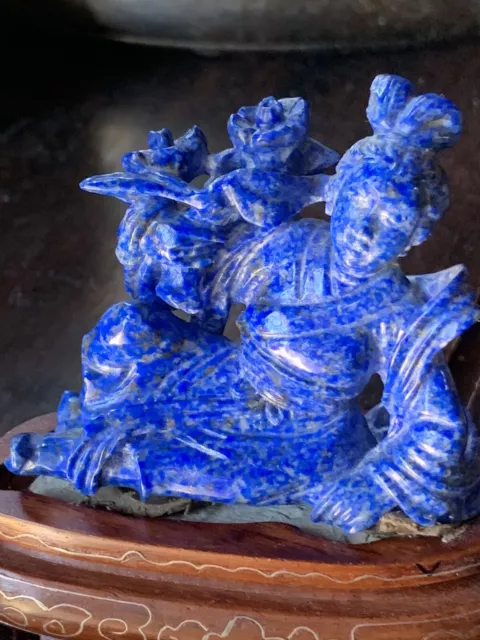 Vintage Chinese Lapis Lazuli Carved Deity Figurine Statue with Wooden Base