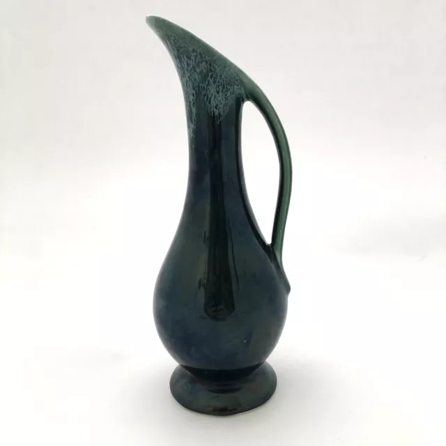 Vintage USA Art Pottery Ewer Bud Vase Green Drip Glaze Iridescent 8" Mid Century