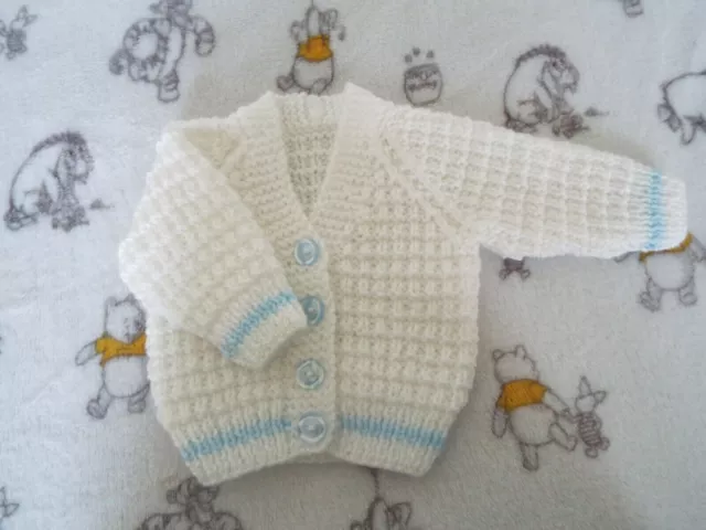 Hand Knit White & Blue Baby Cardigan Baby Girl Or Boy Newborn