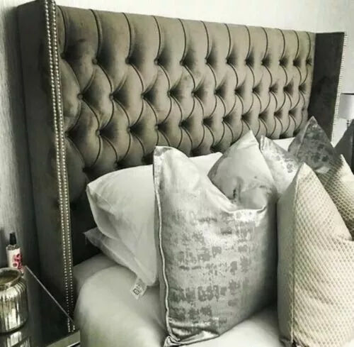 Nuevo Lujo Cabecera de Ala Chesterfield Cabecera Tachuelas Peluche Terciopelo Carbón