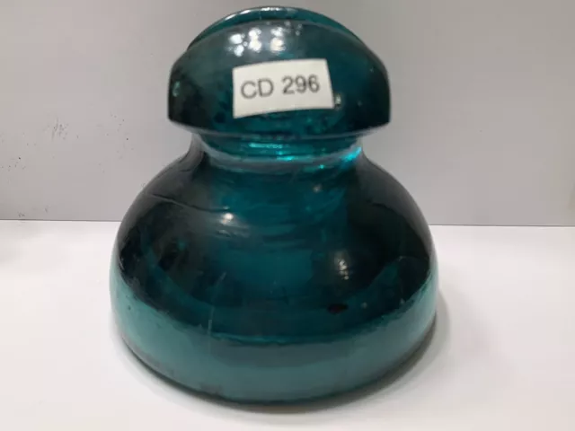 CD 296 No 20 Glass Insulator No Name Dark Aqua Blue Cable Top Triple Skirt Vtg.
