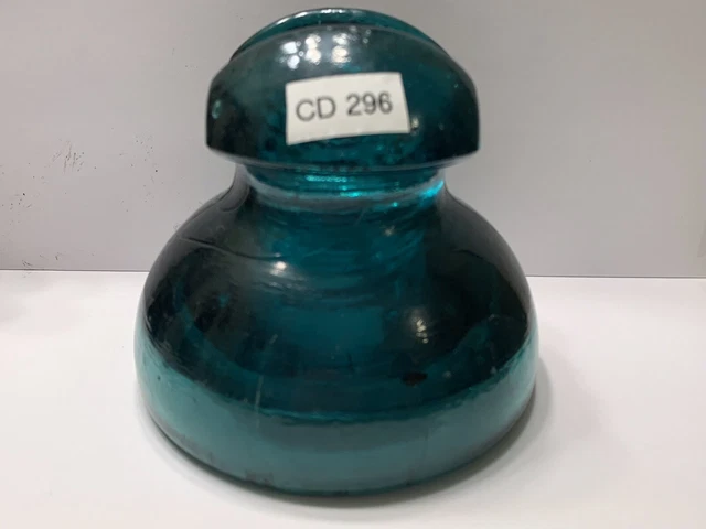 CD 296 No 20 Glass Insulator No Name Dark Aqua Blue Cable Top Triple Skirt Vtg.