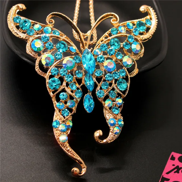 Betsey Johnson Bling Blue Rhinestone Cute Butterfly Crystal Chain Necklace
