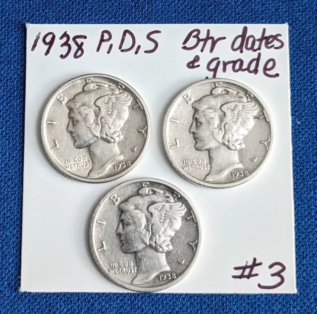 Juego de fecha de diez centavos de mercurio - 1938 P, D S - Mejor fecha y grados - # 3 - Ver