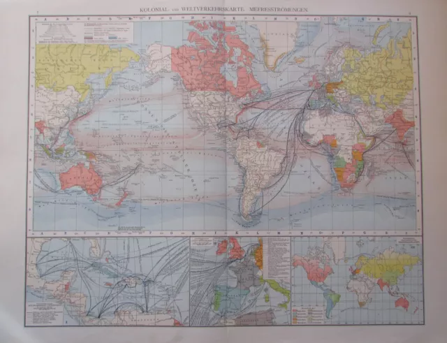 1893 Kolonial- und Weltverkehrskarte Meeresströmungen - 55x41 cm alte Karte map