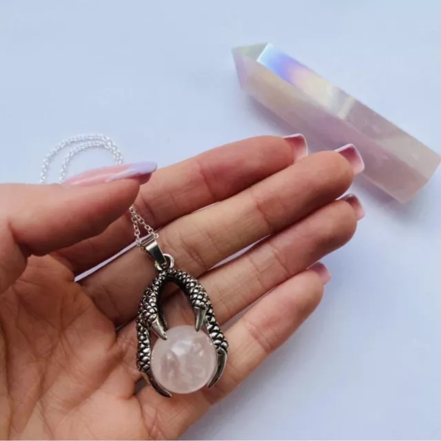 Sterling silver rose quartz dragon claw crystal pendant necklace