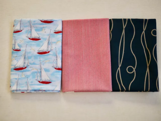 Marítimo Paquete de Tela Patchwork 3 X 25x110 CM,Aparejos,Barcos,Cuerdas