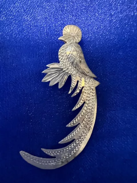 Vintage Sterling Silver 925 Etched Guatemalan Quetzal Bird Peacock Brooch Pin
