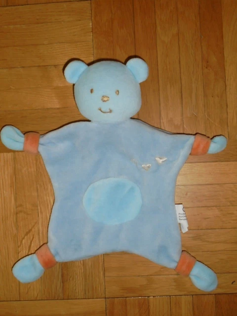 Doudou Plat Auchan Ours Bleu Orange Coeur Blanc Brodés