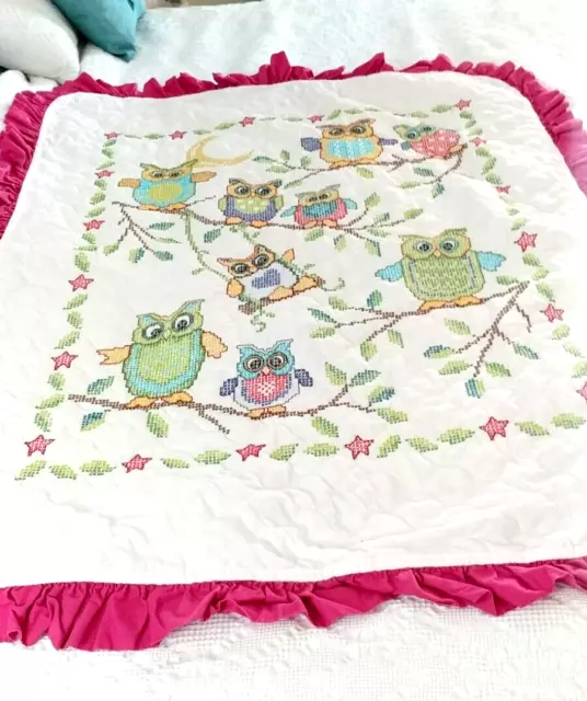 Finished Complete  Child Baby Crib Quilt Cross Stitch Owls 45x36