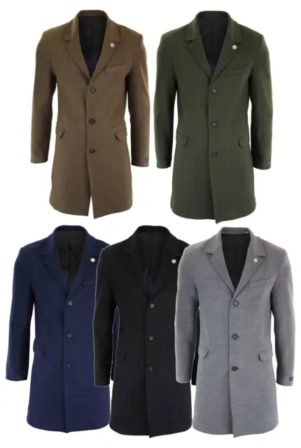 Mens 3/4 Long Overcoat Jacket Wool Feel Coat Blinders Slim Fit