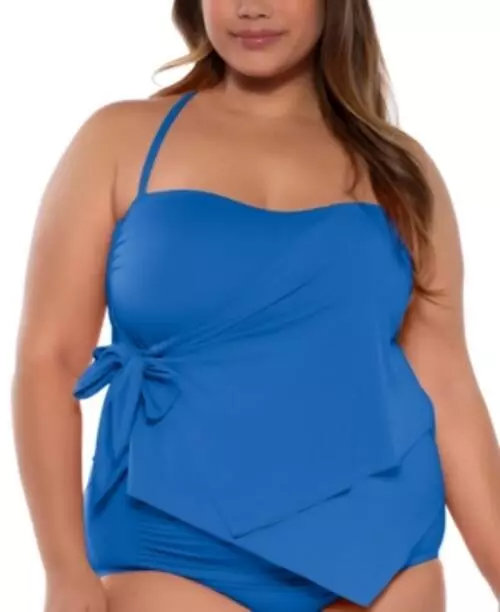 $98 Becca Etc Plus Size Solid Color Code Asymmetrical Tankini Top Blue Size 0X