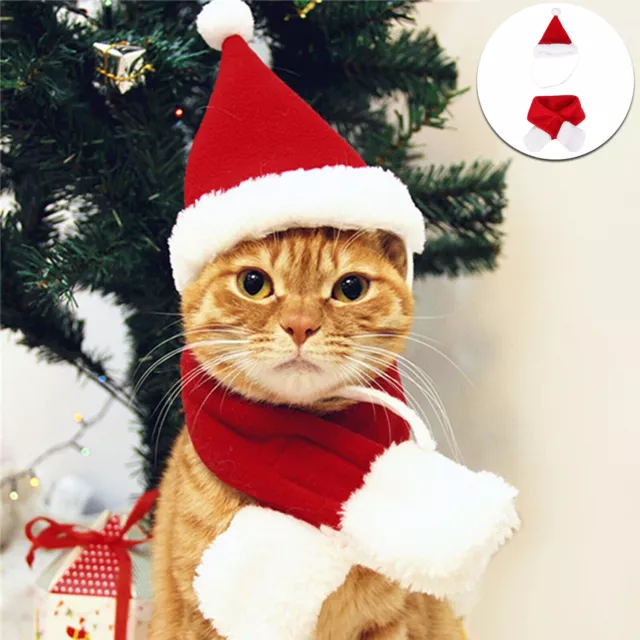 DE Weihnachten Haustier Katzen Hunde Welpen Santa Hut & Schal Kostüm Outfits Set 2