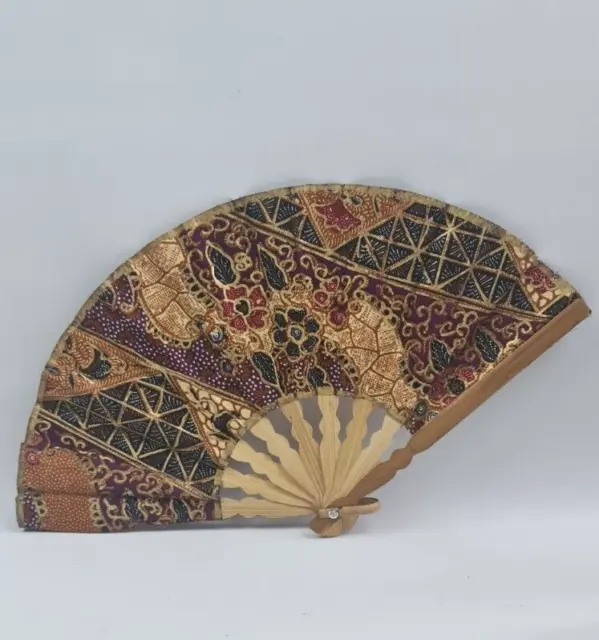 Vintage Bamboo Hand Held Fan 39cm Extended Width 21cm Long