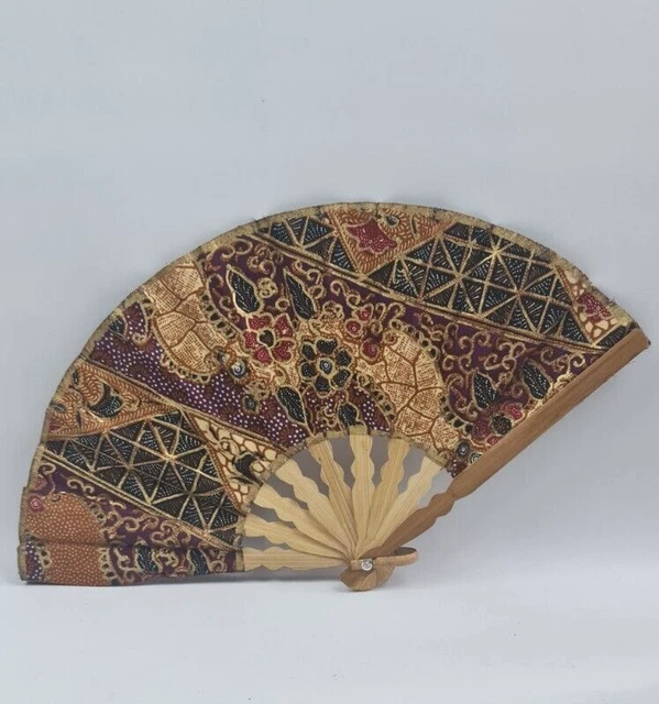 Vintage Bamboo Hand Held Fan 39cm Extended Width 21cm Long