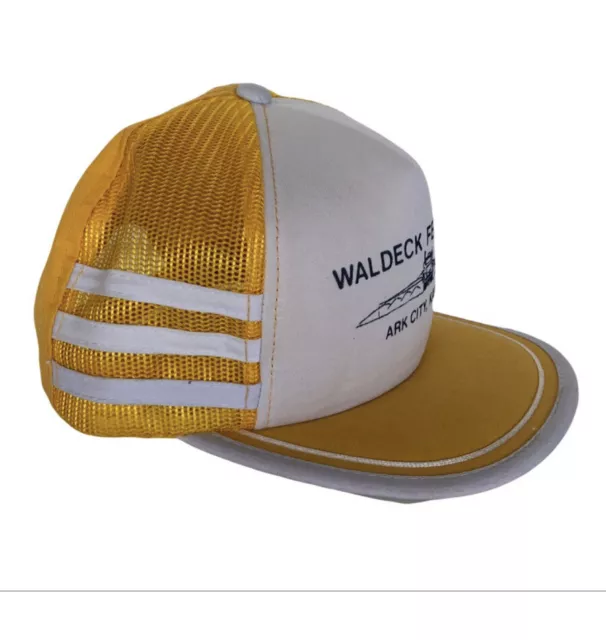 Vtg 3 Stripe Snapback Mesh Trucker Gold Hat Baseball Waldeck Arc City Kansas Cap