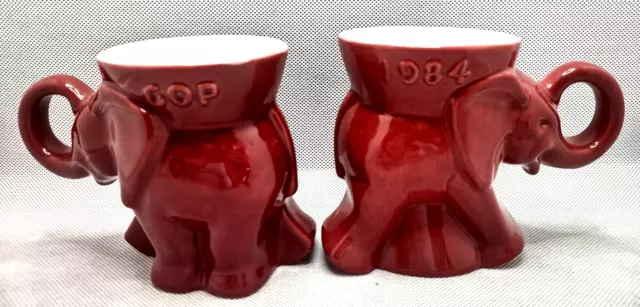 2 Frankoma Pottery Signed 1984 Redware GOP Elephant Mugs Trunk Up Red