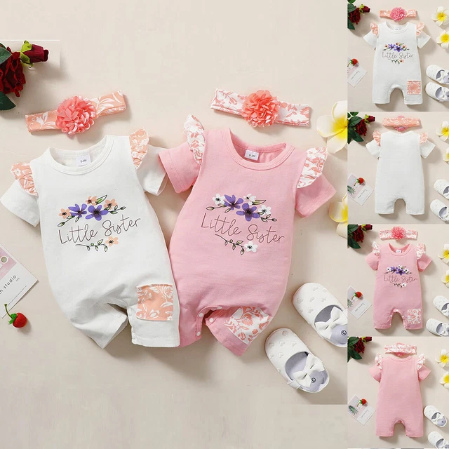 Newborn Baby Girls Floral Ruffle Jumpsuit Romper Headband Infant Outfits 2PCS