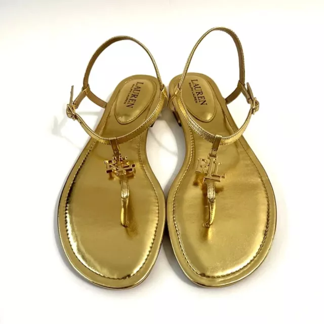 Lauren Ralph Lauren- Elmstead  Gold Metallic Kidskin Logo Sandals,  Size: 10