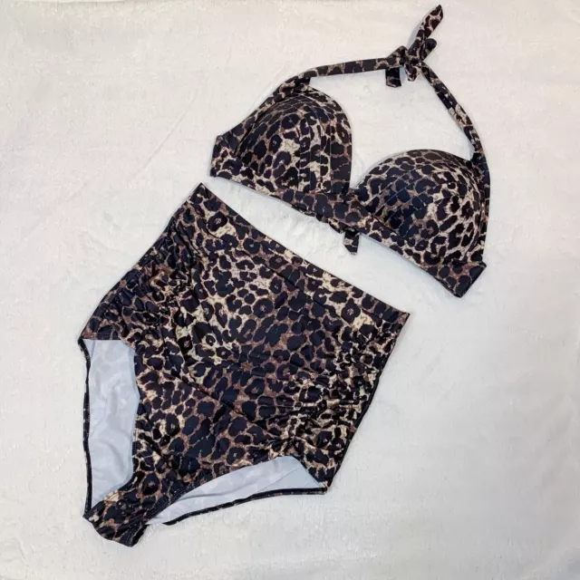 Cocoship Retro Leopard Print High Waisted Bikini Halter Top Women Size 16 18