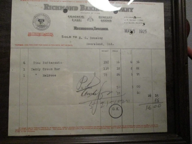 Antique RICHMOND CANDY COMPANY  1925 LETTERHEAD Bill Invoice Vintage FRAMED