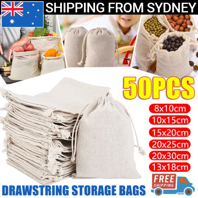50Pcs 7 Sizes Drawstring Storage Bags Calico Bags Linen Tote Gift Bags Bulk AU