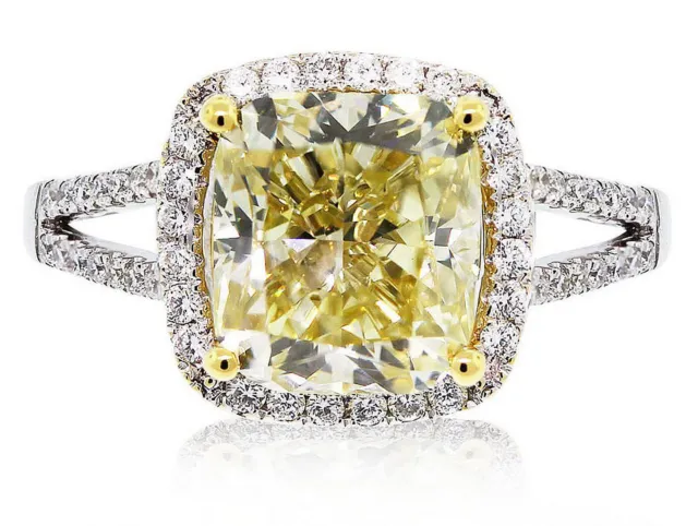 Fancy Yellow Cushion Cut Diamond Engagement Ring 2.10 CT 18k Gold GIA Certified