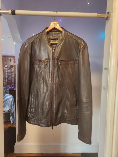 John Varvatos leather band collar moto jacket