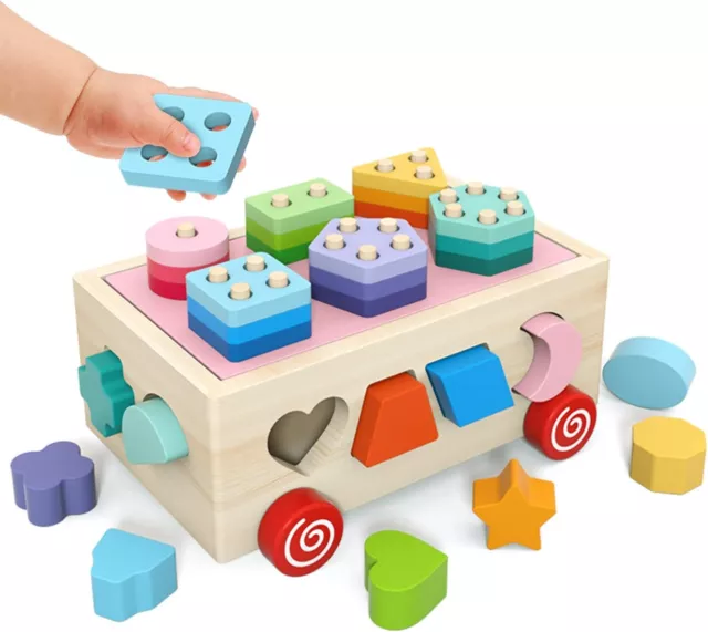 Wooden Shape Sorter Toddler Toys Birthday Gift for Boys Girls Stacking Games