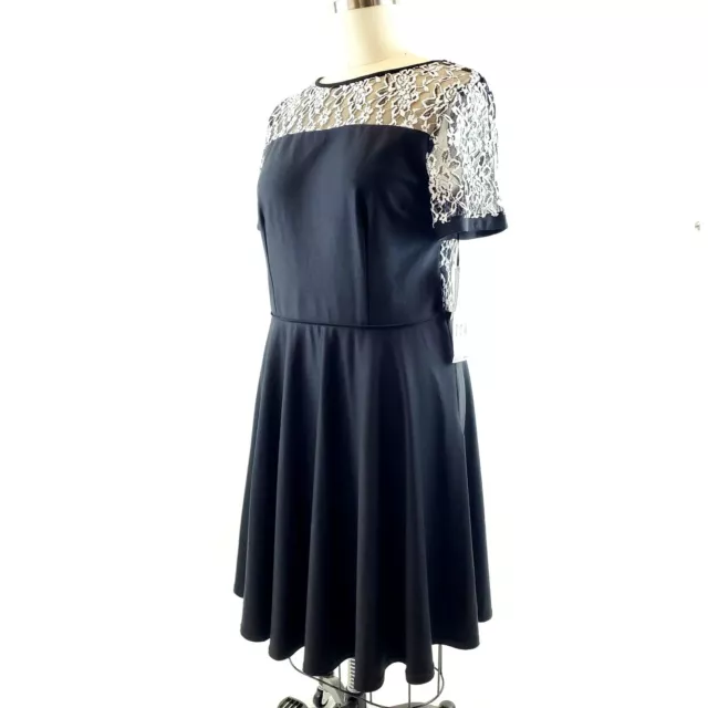 Melissa Masse Fit Flare Dress Plus 2X Scoop Neck Black White Lace MSRP $375