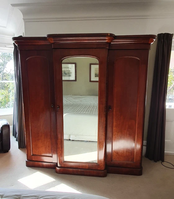 Antique Victorian Mahogany Triple Wardrobe Compactum Armoire, c 1880