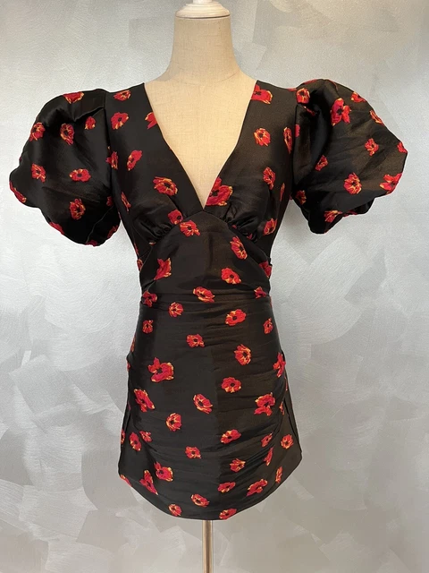 BEC BRIDGE Coco Cabana Black Mini Dress Bubble Sleeve Form Fit