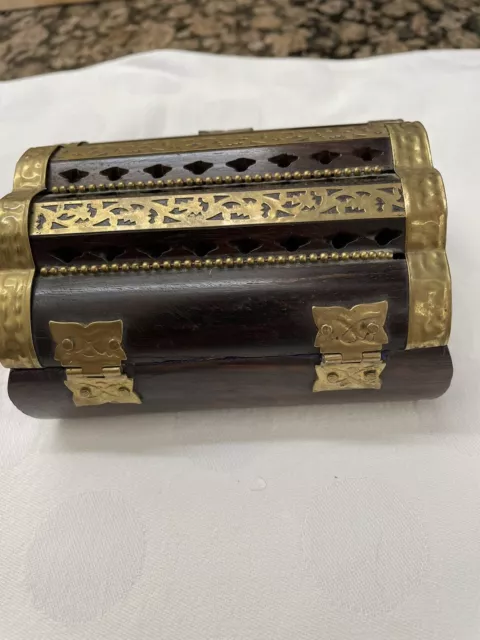 Pretty Dark Wood & Brass Banded Vintage Trinket Box 3