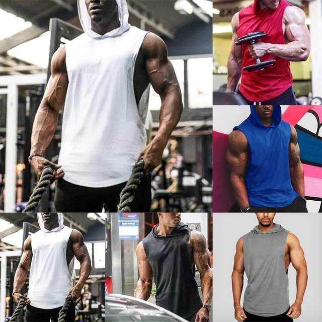 Man Sleeveless Hoodie Hooded Workout Gym Bodybuilding Training Tank Top Vest