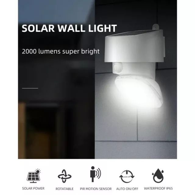 Lampe murale LED solaire exterieur 2000LM, étanche avec capteur de mouvement PIR 3