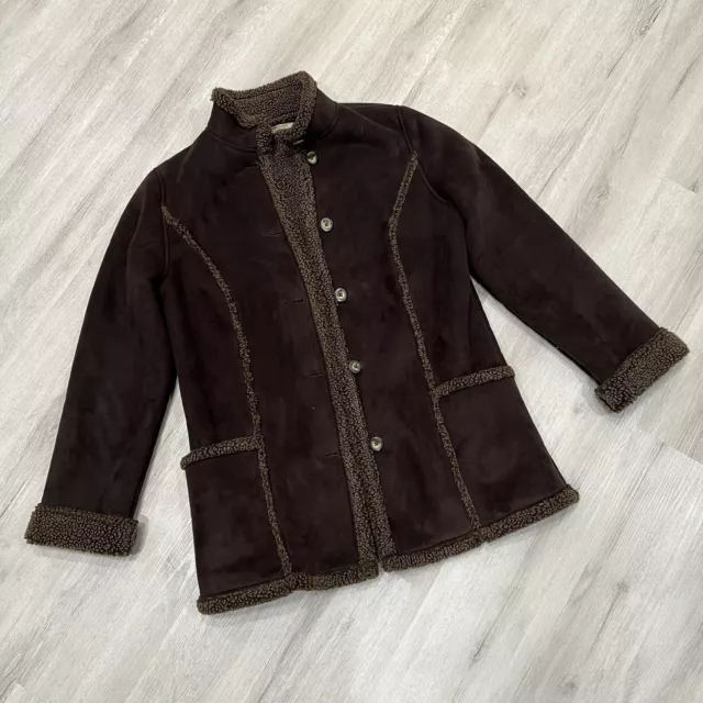 LL Bean Sherpa Lined Faux Suede Jacket Women’s Small Brown Teddy Button Coat