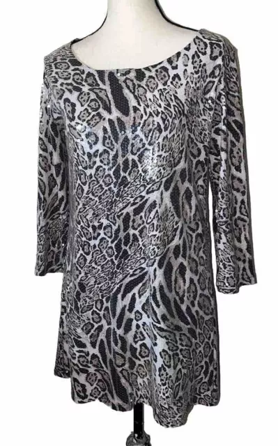 Isle Apparel Sequin Animal Print Mini Shift Dress Lined Size M 3/4 Sleeve