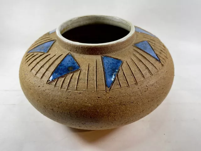 Vintage Art Pottery Stoneware Squat Vase Pot With Cobalt Blue Enamel