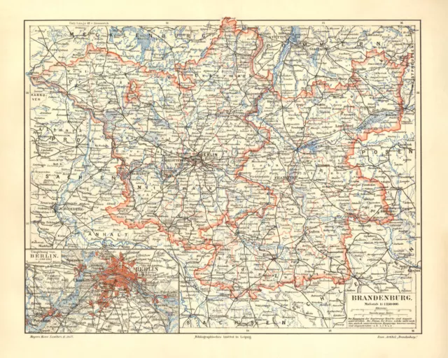 Brandenburg historische Landkarte Lithographie ca. 1906 antike Karte Geographie