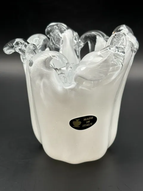 White Encased Art Glass Vase Bowl Hand Blown In Italy Murano Style 5”