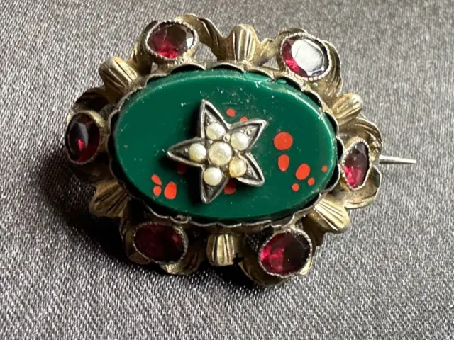 Superb Antique French Designer Brooch - Silver, Red stones, Oval Unakite, pearls