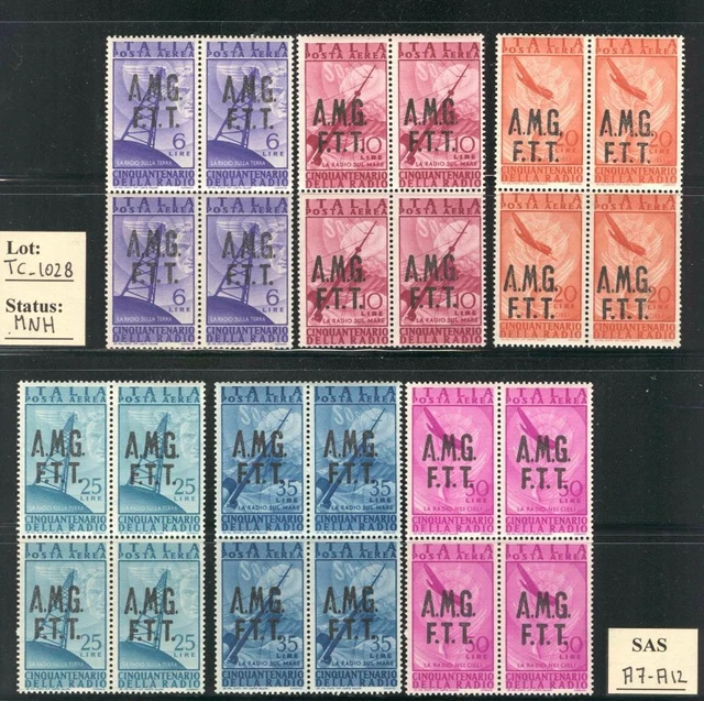 TC_1028. TRIESTE. 1947 "CINQUANT.INVENZIONE RADIO" air mail set in blocks. MNH.