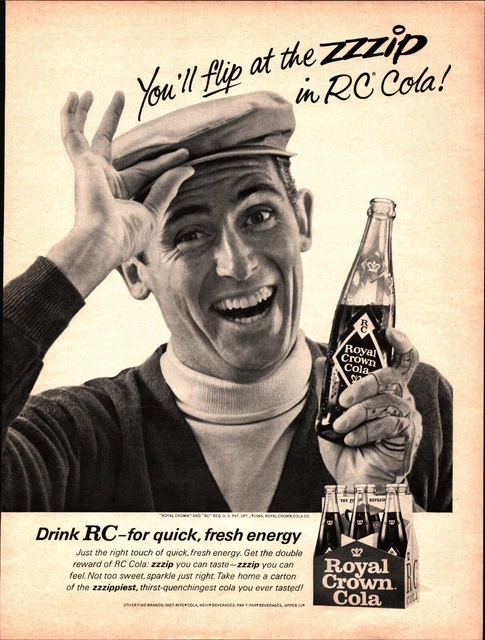 1965 Royal Crown Cola Print Ad Aug Life Mag Man with Hat and Bottle of Soda A2