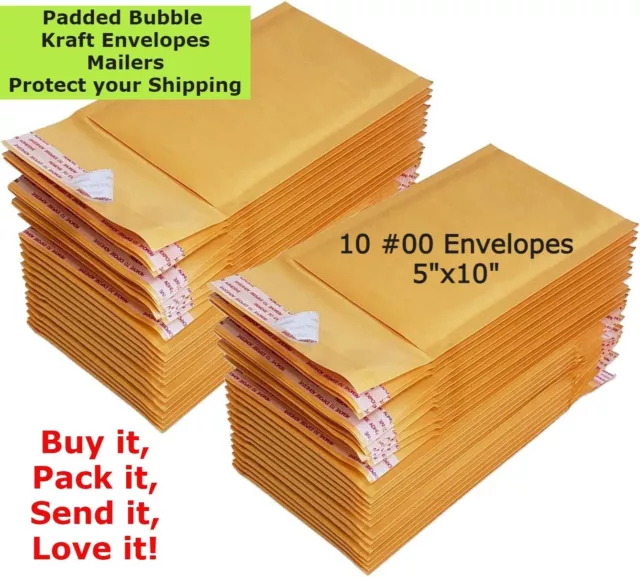 10 #00 5X10 Kraft Paper Bubble Padded Envelopes Mailers Case 5''X10''